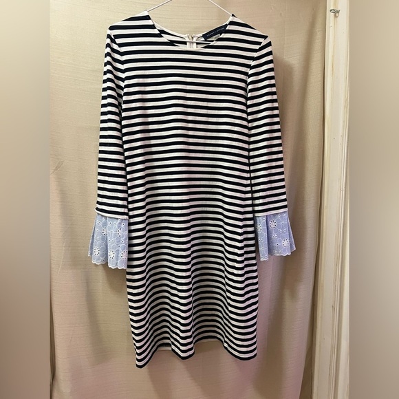Tommy Hilfiger Navy White Striped Dress Ruffle Cuffs Size Small Nautical Chic - Picture 1 of 6